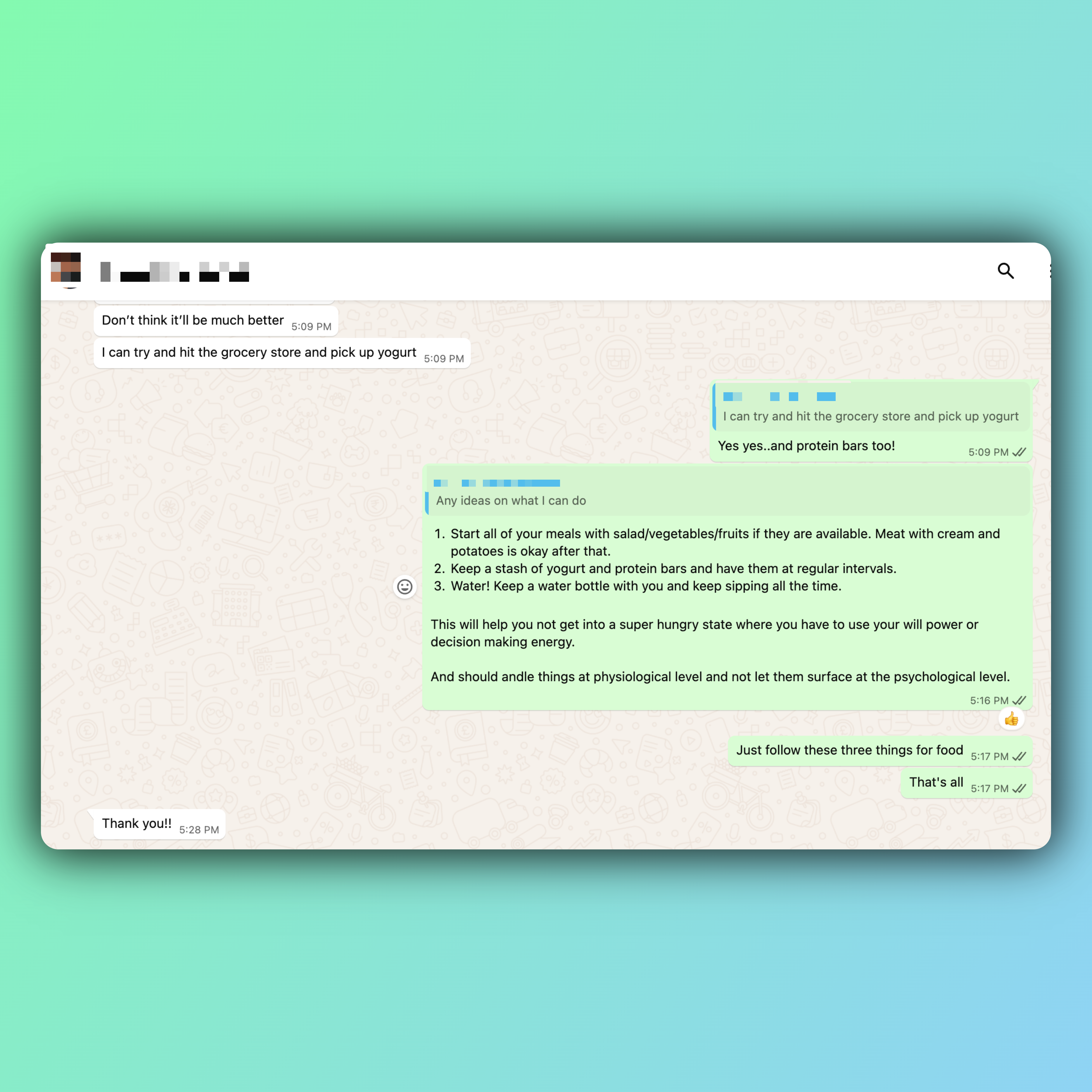WhatsApp travel meal instructions