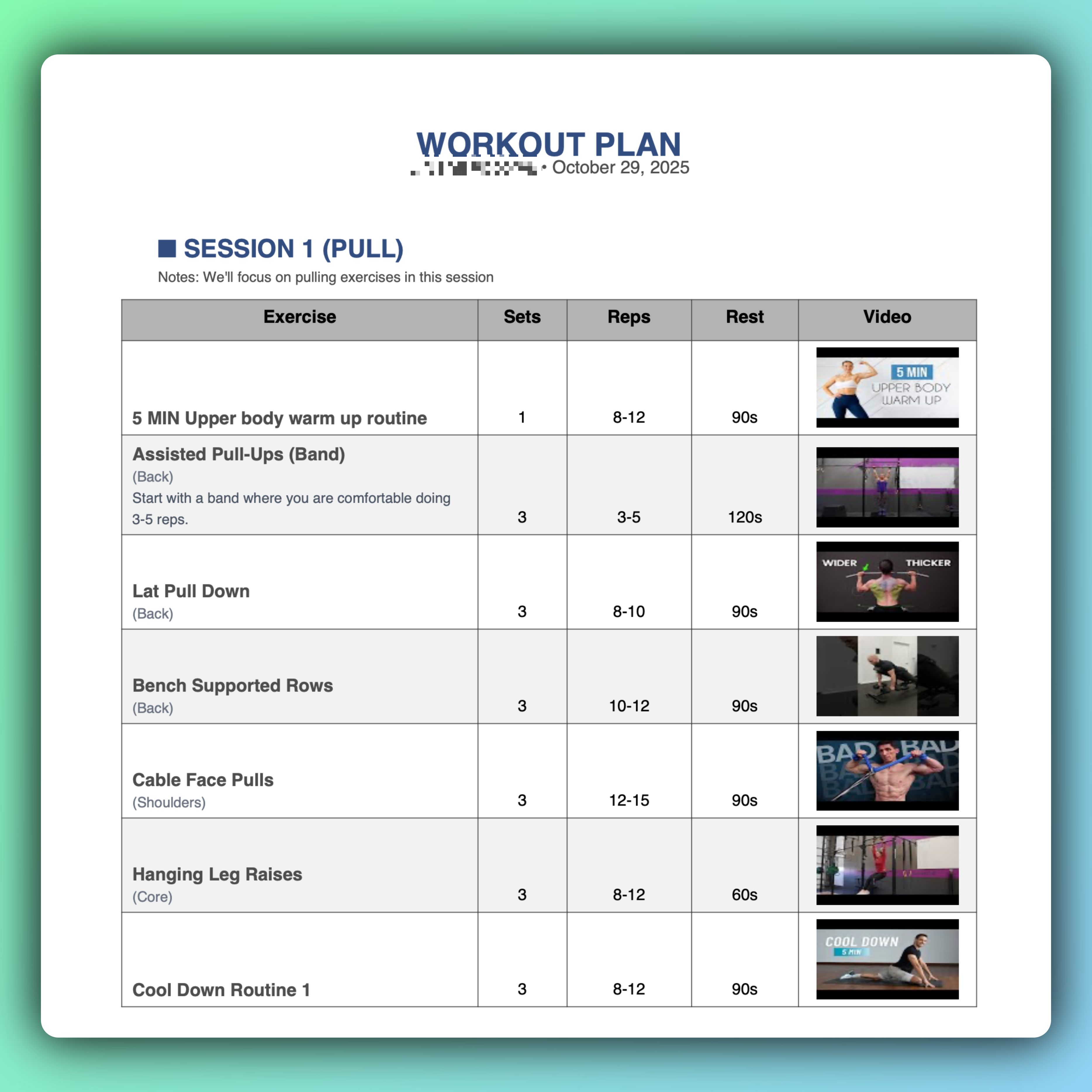 Sample workout plan